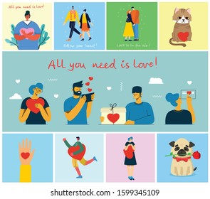 All you need is love. Hands and people with hearts as love massages. Vector illustration for Valentine's day in the modern flat style