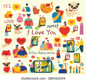 All you need is love. Hands and people with hearts as love massages. Vector illustration for Valentine s day in the modern flat style