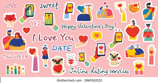 All you need is love. Hands and people with hearts as love massages. Vector illustration for Valentine s day in the modern flat style