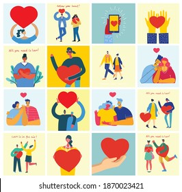 All you need is love. Hands and people with hearts as love massages. Vector Valentine illustration cards of happy couples in love in tyhe flat style