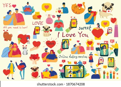 All you need is love. Hands and people with hearts as love massages. Vector Valentine illustration cards of happy couples in love in tyhe flat style