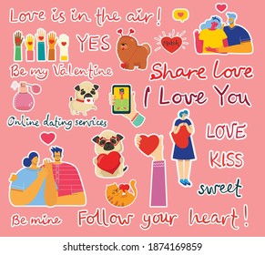 All you need is love. Hands and people with hearts as love massages. Vector illustration stickers for Valentine s day in the modern flat style
