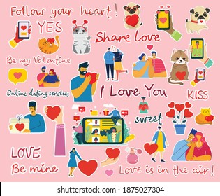 All you need is love. Hands and people with hearts as love massages. Vector illustration stickers for Valentine s day in the modern flat style