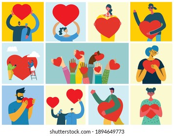 All you need is love. Hands and people with hearts as love massages. Vector Valentine illustration cards of happy couples in love in the flat style