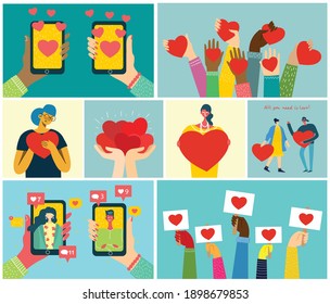 All you need is love. Hands and people with hearts as love massages. Vector Valentine illustration cards of happy couples in love in tyhe flat style