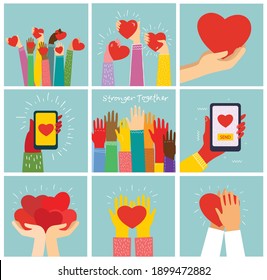 All you need is love. Hands and people with hearts as love massages. Vector Valentine illustration cards of happy couples in love in the flat style