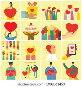 All you need is love. Hands and people with hearts as love massages. Vector Valentine illustration cards of happy couples in love in the flat style