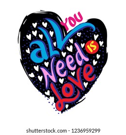 All you need is love in heart shape. Hand drawn unique typography design element for greeting cards, prints and posters