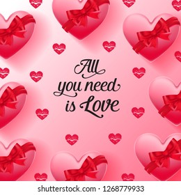 All you need is love lettering and hearts decorated with red ribbons and lipstick kisses on pink background. Valentine Day holiday. Lettering can be used for invitations, greeting cards, leaflets