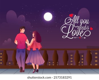 All You Need Is Love Message with Young Couple Character Walking at Full Moon Night for Happy Valentine's Day Concept.