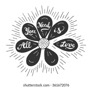 "All you need is love" on chamomile hand lettering card