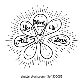 "All you need is love" on chamomile hand lettering card
