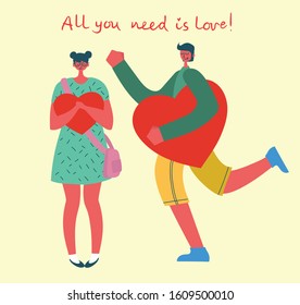 All you need is love. People with hearts as love messages. Vector illustration for Valentine's day in the modern flat style
