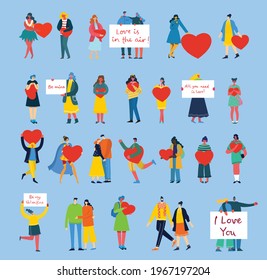 All you need is love. People with hearts as love massages. Vector Valentine illustration cards of happy couples in love in the flat style