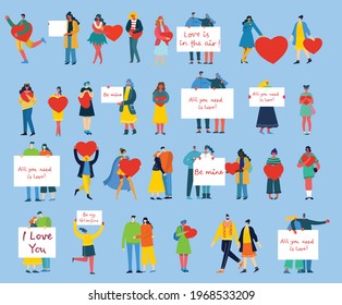 All you need is love. People with hearts as love massages. Vector Valentine illustration cards of happy couples in love in the flat style