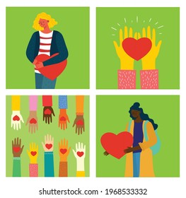 All you need is love. People with hearts as love massages. Vector Valentine illustration cards of happy couples in love in the flat style