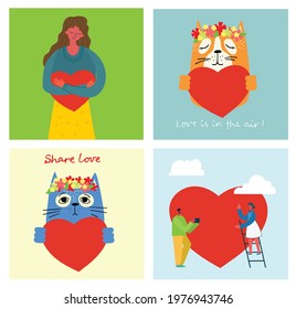 All you need is love. People with hearts as love massages. Vector Valentine illustration cards of happy couples in love in the flat style