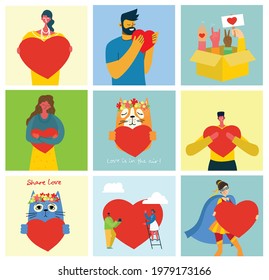 All you need is love. People with hearts as love massages. Vector Valentine illustration cards of happy couples in love in the flat style