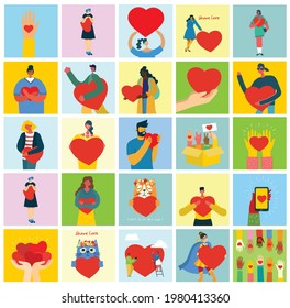 All you need is love. People with hearts as love massages. Vector Valentine illustration cards of happy couples in love in the flat style