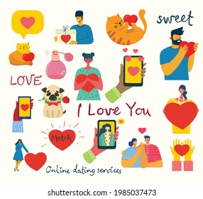 All you need is love. People with hearts as love massages. Vector Valentine illustration cards of happy couples in love in the flat style