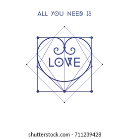 All you need is love polygonal hipster scientific tattoo sketch with interlocking geometry shapes and golden ratio spirals