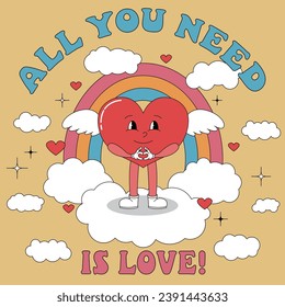 All you need is love poster with cute cartoon heart character. Groovy heart character. Hippie 60s 70s retro style Valentine's day posters. Vector illustration