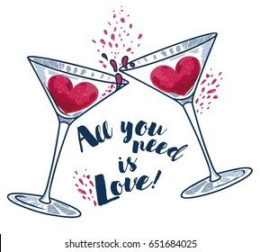 "All you need is love" poster with two martini glasses and hearts, can be used as invitation banner for valentine's day party, vector illustration in sketch style