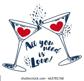 "All you need is love" poster with two cocktails glasses and hearts, can be used as invitation banner for valentine's day party, vector illustration in sketch style