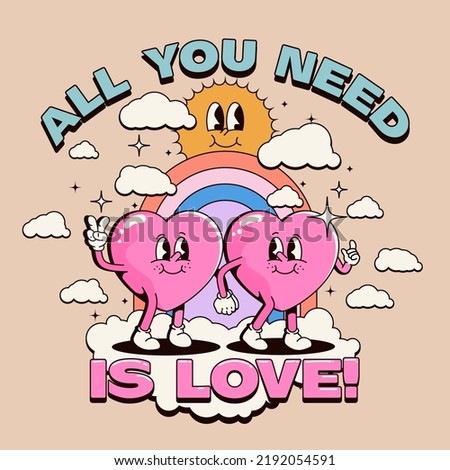 All you need is love poster or t-shirt design print template with cute cartoon heart characters holding hands with rainbow on background isolated on light background. Vector illustration