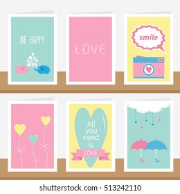 'All you need is love' quote text. Elephant family couple, photocamera, flower, heart, umbrella, cloud, dash line drops, pink ribbon. Love greeting card set on shelf. Flat design. Vector illustration
