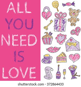 All you need is love. Romantic vector illustration. Hand drawn cute Valentine's day greeting card. Pencil drawing in pastel colors. Two different colorful halves.