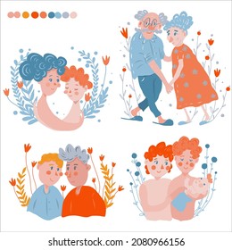 All you need is love. Set of cute characters in  different age in love. LGBT. Transgender romantic couple. Parents and baby. Isolated figures on white background, vector illustration.