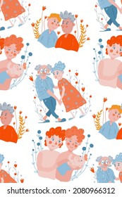 Todo lo que necesitas es amor. Conjunto de personajes lindos de diferente edad enamorados. LGBT. Una pareja romántica transgénero. Padres y bebés. Cifras aisladas sobre fondo blanco, ilustración vectorial. Patrón transparente