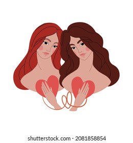 All you need is love. The two girls leaned towards each other. Love from the heart, sitin love. Twins. Valentine’s Day cart. Vector flat illustration on white background