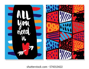 All you need is love. Valentines day card. Vector hand drawn positive poster. Memphis cards. Can be used in posters and greeting cards.