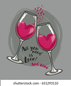 "Alles was Sie brauchen ist Liebe und Wein" Plakat mit zwei Weingläsern und Herzen, kann als Einladungsbanner für die Valentinstag-Party verwendet werden, Vektorgrafik im Skizzenstil