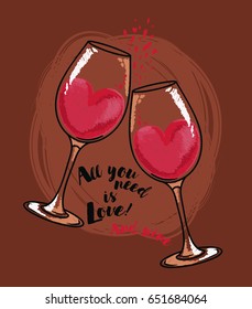 "All you need is love and wine" poster with two wine glasses and hearts, can be used as invitation banner for valentine's day party, vector illustration in sketch style