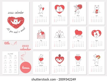 All You Need Is Meow! Calendar 2022 template. Monthly calendar 2022 with cute white cats in love. Bonus - 2023 calendar. Vector illustration 10 EPS.