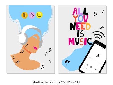 All you need is music. Girl is listening to music on phone. Motivational music vibe. Vector illustration.