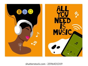 All you need is music. Girl is listening to music on phone. Motivational music vibe. Vector illustration.