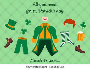 All you need for St. Patrick's Day, cute cartoon accessories, irish national celebration, vector illustration
