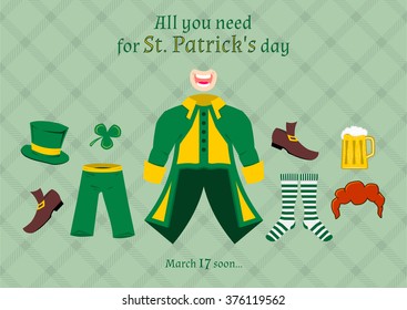 All you need for St. Patrick's Day, cute cartoon accessories, vector illustration