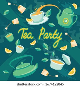 all you need for tea party: teapots, cups, tea, lemon and other