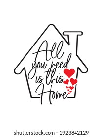 All you need is this home, vector. Wall decals isolated on white background. Wording design, lettering. Minimalist poster design, house illustration. Wall art, artwork. Home decoration, home quotes