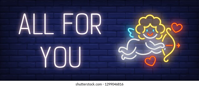 All for you neon text with cute cupid. Saint Valentines Day design. Night bright neon sign, colorful billboard, light banner. Vector illustration in neon style.