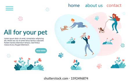 All for your pet Concept Banner vector illustration. Girls walk their pets, take care of dogs, play with a puppy.