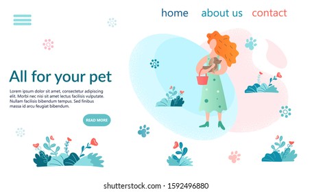 All for your pet Concept Banner vector illustration. Fashionable girl on a walk with her puppy. Floral background with abstract figures.