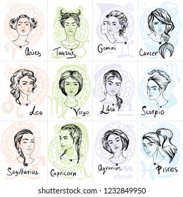 All Zodiac Ladies for Your Horoscope on Lace Backgrund - Aries, Taurus, Gemini, Cancer, Leo, Libra, Scorpio, Virgo, Sagittarius, Capricorn, Aquarius, Pisces