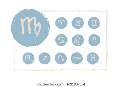 All zodiac signs drawn by hand. Pastel colors, for bedding, children's textiles, holiday, wrapping paper, postcard, calendar cover
