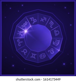 All zodiac signs on the circle. Diamond jewels, sparkling stone. With the signatures  and the dates of the sign. Template for making predictions and horoscope